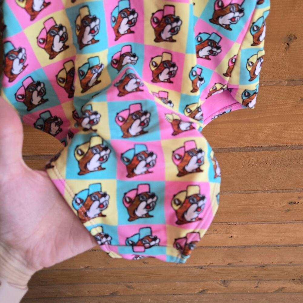 Buc-ee's One Piece Swimsuit Pastel Color Block Preppy Grid Pink S Beaver Logo - Picture 4 of 6
